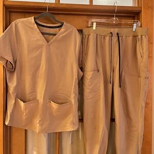 Fabletics Tan Scrub bottoms with Elastic Waistband and Scrub top.
